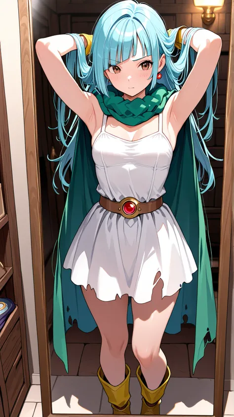 masterpiece､looking in the mirror、Comb Your Hair､Let's fix the hairstyle with、 in the mirror､Professional Lighting、 diagonal bangs、 Bright Blue Hair 、20 years old､masterpiece, Highest Quality, Super Detailed, Dragon Quest III:  Wise Woman ､Long Hair,, A re...