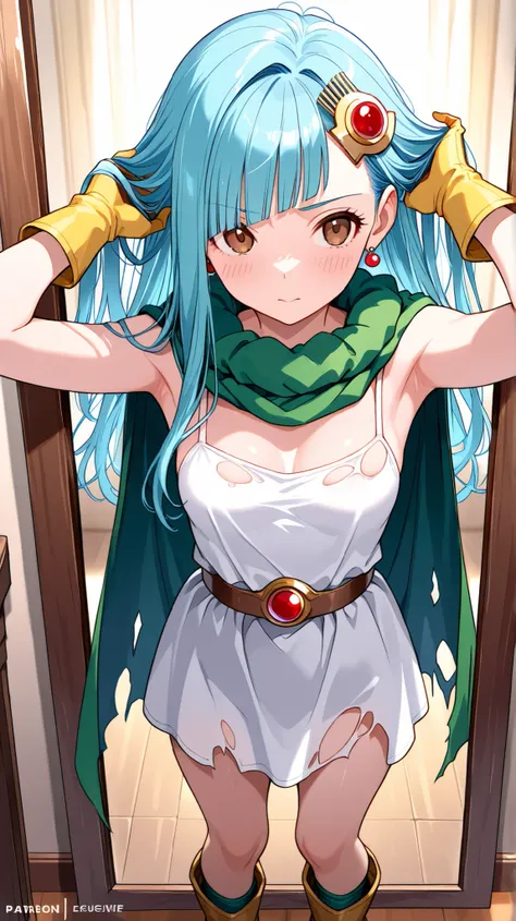 masterpiece､looking in the mirror、Comb Your Hair､Let's fix the hairstyle with、 in the mirror､Professional Lighting、 diagonal bangs、 Bright Blue Hair 、20 years old､masterpiece, Highest Quality, Super Detailed, Dragon Quest III:  Wise Woman ､Long Hair,, A re...