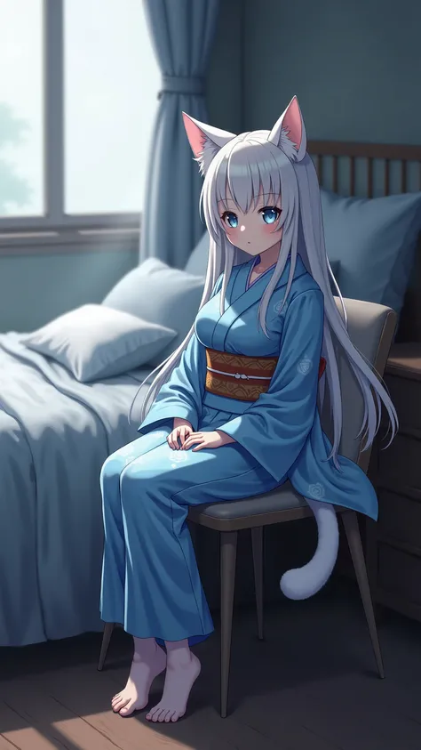 highdefinition image、A cat girl in a 青いyukata sits on a separate chair on the ベットside、実写ゲーム画像、