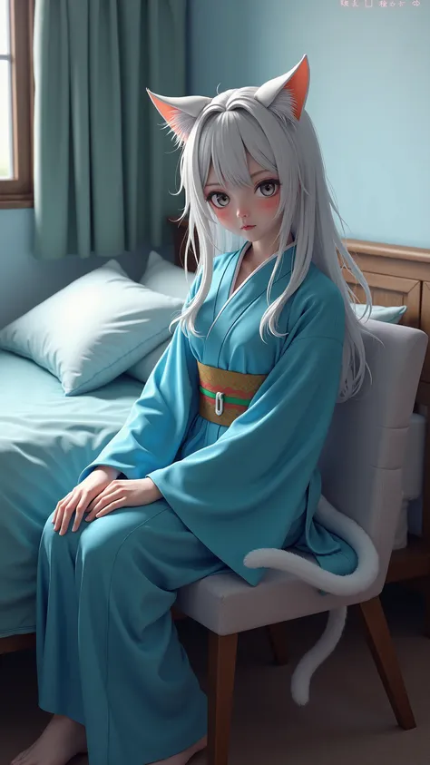 highdefinition image、A cat girl in a 青いyukata sits on a separate chair on the ベットside、実写ゲーム画像、
