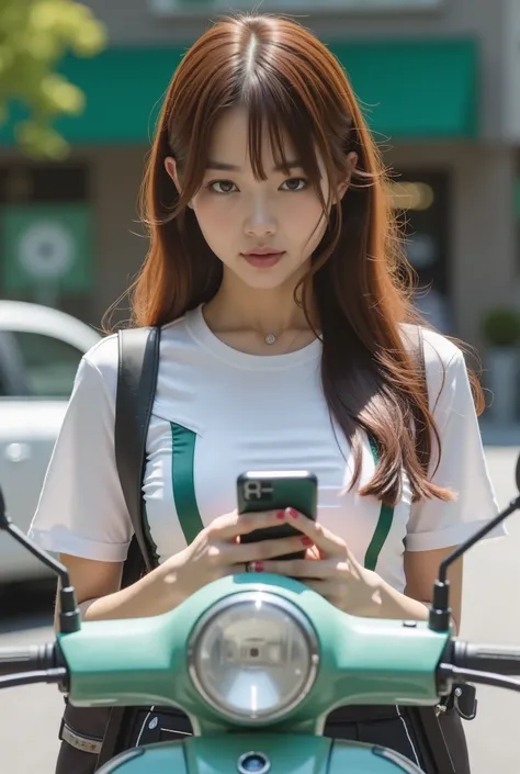 (( Highest Quality 、In 8K、masterpiece:1.3))Kazusa looking at her smartphone、Detailed skin、Very Delicate Eyes、detailed hair that closes both wings、FamilyMart Green Sign、 Midnight Summer 、riding a scooter parked in a parking lot with a smartphone、having a sm...