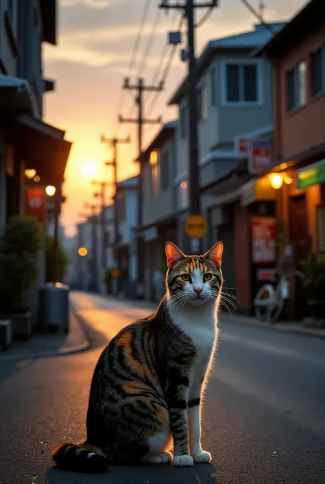 Highest Quality, masterpiece,4K,Black and White Photography、photorealistic、 Showa retro,Residential area at dusk  , On a block fence、Calico Cat Sitting Laid-back,Cat's Happy Expression, narrow eyes, Alley Illuminated by the Sunset, Old sign,Showa buildings...
