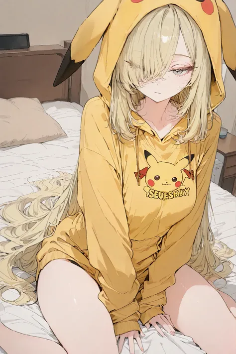 Anime-style 2D illustration, high resolution,1girl,solo, sumcyn, blonde hair, very long hair, hair over one eye, grey eyes, eyelashes, pikachucosplay, pikachu \(pikachu\), character print, hood, hoodie, yellow hoodie, soft light, high detailed, best qualit...