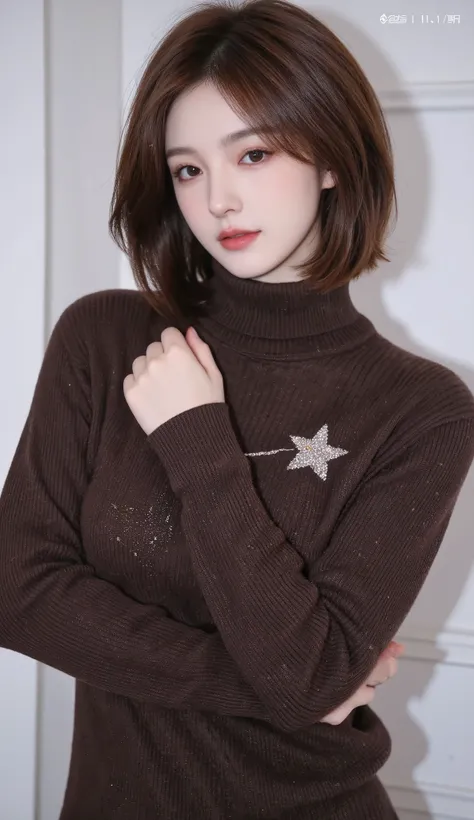 Girl wearing, luxury dark brown turtle neck sweater with sleeves, design on sweater, ,short  hair, glowing skin, star in eye, red lips, suitable background, cute poses , upper body, brown hair, cute poses. Winter season, light nose blush