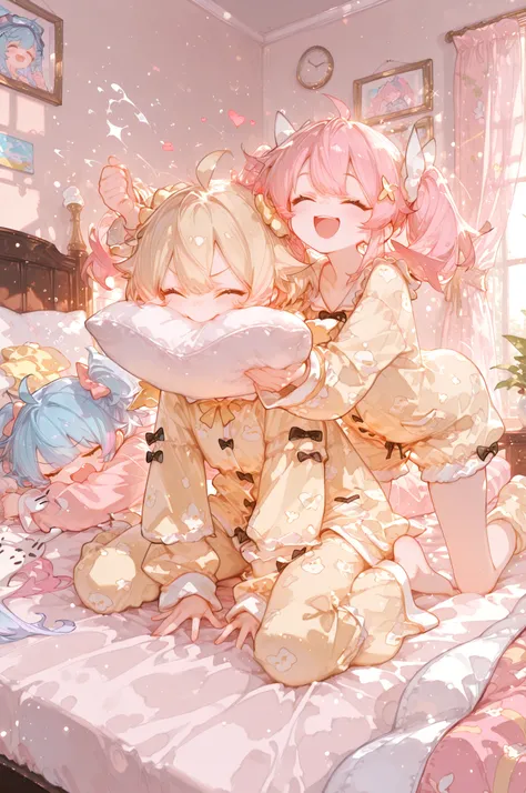 ((Top Quality)), ((Excellent)), (Details), masterpiece, best quality, UHD, ((Best quality, 8k, Masterpiece:1.3)), Two anime girls playing on a bed in a cozy bedroom, having a pillow fight. One girl has short hair and wears cute pink pajamas. 
The other gir...
