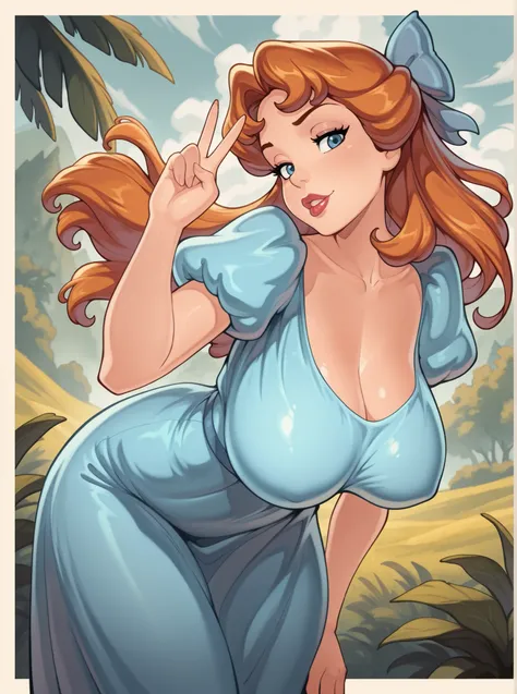 highres, hi res, best quality, masterpiece,
1girl, (WendyXL),, (puffy sleeves, blue dress, short sleeves, hair bow:1.1), brown hair, blue eyes, lipstick,
dutch angle, naughty pose, extreme_macromastia, bigger bust than normal, giant natural hyperbreasts, l...