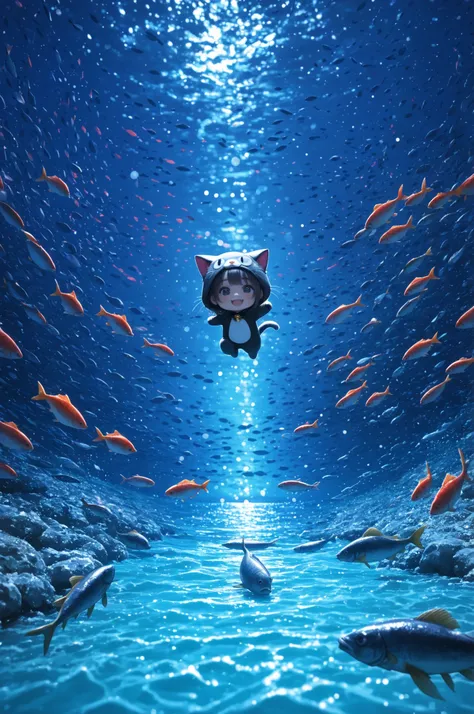 In front of the fish shop,cute girl in cat costume,chibi,lots of fish are lined up, I eat with my mouth wide open, eat fish ,Highest Quality,8k,high resolution,visible,photorealistic,HDR,Bokeh効果のあるスタジオライティング,very detailed explanation,bright colors,Bokeh,...