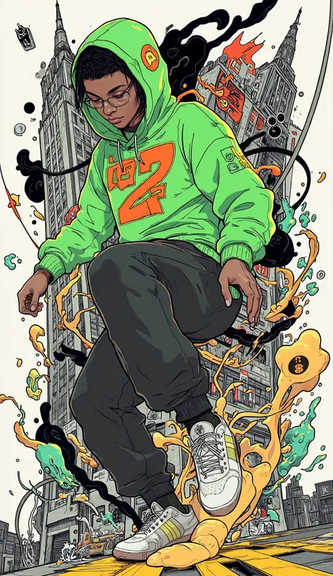 dynamic figure in motion, person dressed in casual, urban attire, The stylized background that combines the rough texture of graffiti with abstract art is captured in the background It's there. The bright green hoodie with the hood adds color and energy, b...