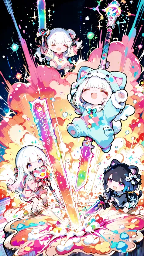 masterpiece, smooth shading, soft lighting, super-deformed (SD), depth of field, colorful palette, explosion effects, ima_AI123Style /k.s†  
A lively group of cute chibi girls wearing various playful animal-themed pajamas, each wielding whimsical toy weapons such as toy swords, magic wands, foam bats, or plush hammers.  
The girls are in dynamic, action-packed poses, interacting as if in a chaotic and fun pajama battle.  
Bright, colorful explosion effects fill the scene, with scattered stars, sparkles, and vibrant bursts of multiple colors.  
Whimsical, energetic, adorable, and playful atmosphere.