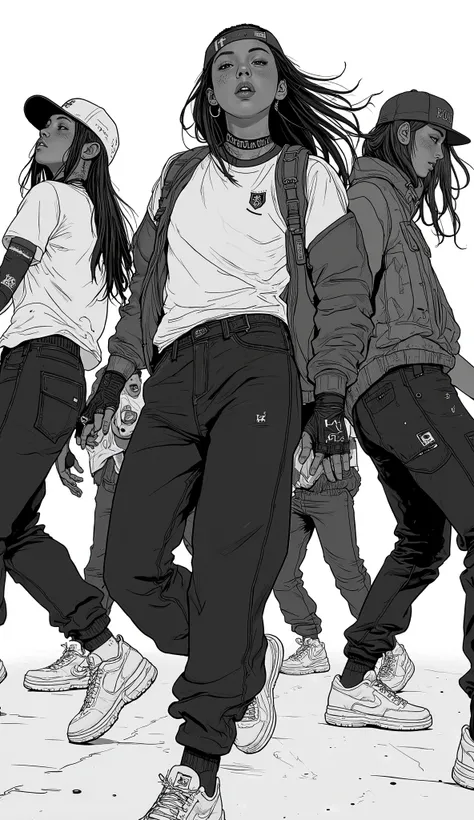 若者たちがダイナミックなHIPHOP DANCINGを披露, embodies street style and attitude. long hair flowing down the shoulders, the form and movement captured in the dance. outfits are a combination of loose T-shirts and baggy pants, emphasizes comfort and movement often seen in...