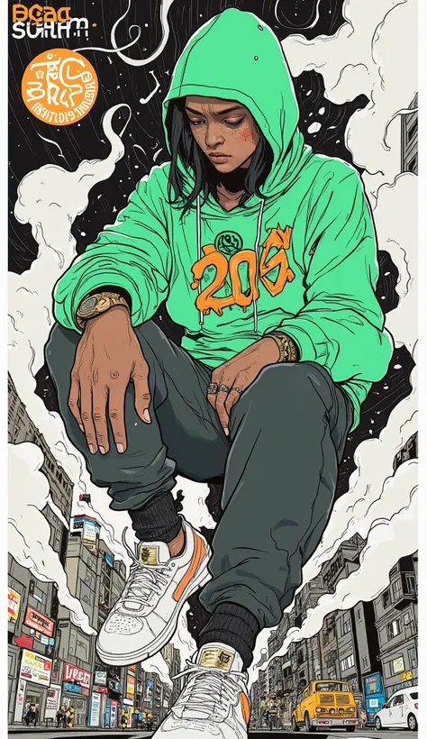 dynamic figure in motion, person dressed in casual, urban attire, The stylized background that combines the rough texture of graffiti with abstract art is captured in the background It's there. The bright green hoodie with the hood adds color and energy, b...