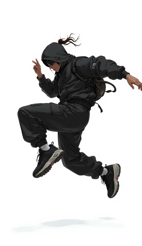 focuses only on the subject's physical shape and clothing There is a、dressed in full-body black sportswear. personal, emphasizes moments of vitality and physical expression, character sneakers, accentuated gestures in thick soled shoes. dynamic image of a ...