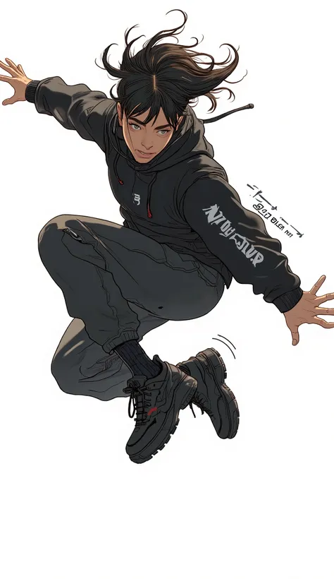 focuses only on the subject's physical shape and clothing There is a、dressed in full-body black sportswear. personal, emphasizes moments of vitality and physical expression, character sneakers, The person's clothes contrast clearly with the pure white back...