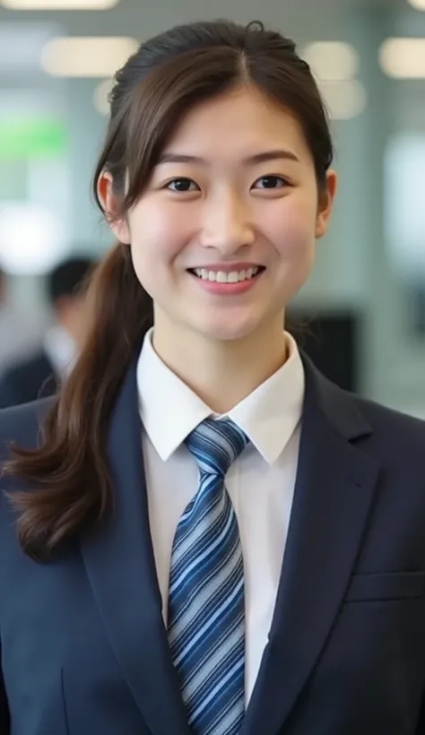 Neat Young Woman、looking at the camera、office lady suit、jacket、shirt、necktie、 髪型ボブヘア、、耳にピアス、smile showing teeth、顔のクローズアップ、The background is office
