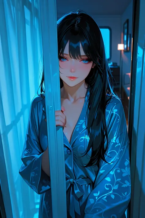 Enchanting portrait of a strikingly beautiful woman with otherworldly features, wearing silky red pajamas with cute pattern details, fabric softly draping her figure. Long flowing black hair cascading like midnight silk past shoulders, catching moonlight with subtle shine. Mesmerizing bright blue eyes with ethereal glow, long dark lashes, perfect features with slight supernatural beauty. Standing by large window with city lights twinkling in background, moonlight creating gentle rim lighting on her silhouette. Soft expression of wonder as she gazes outside, one hand delicately touching window glass. Cozy bedroom environment with warm ambient lighting, sheer curtains floating gently in night breeze. Professional portrait photography style, ultra HD quality, semi-realistic rendering with slight fantasy elements, shallow depth of field, soft focus effects, cinematic lighting, beauty retouching, dreamy atmosphere