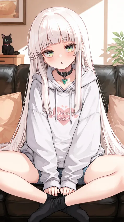 Highest Quality, Ultimate Details, 8K image quality
White Haired Girl,long long hair,Blunt bangs,thick eyebrows, Green Jade Eyes,Saggy Eyes, Kyodong expression, girl sitting,oversized hoodie, Relaxed Hoodie,denim shorts,ankle socks,pet collar choker,adorab...
