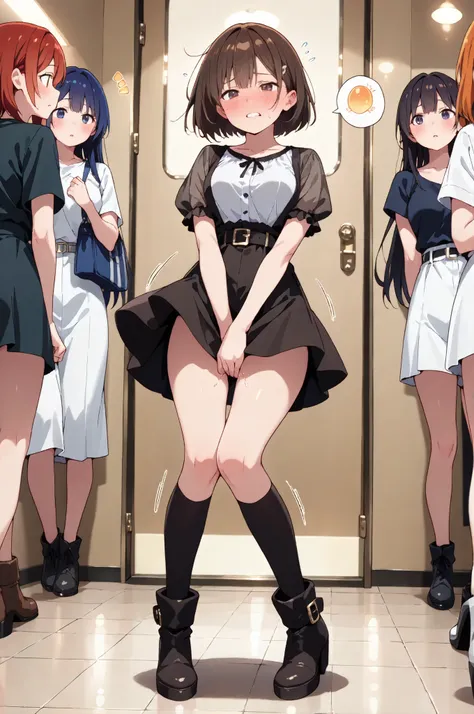 score_9, score_8_up, score_7_up, score_6_up, score_5_up, score_4_up, (extremely detailed and high-quality illustration), (best lighting effects, ultra-realistic), BREAK, several young girls, waiting in a line, long bathroom line, beautiful medium breasts, ...