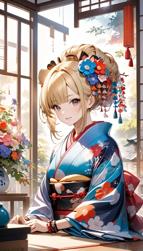 young woman decorated with bold floral patterns. The kimono has a red, Pink, blue flowers drawn on a white background, is complemented by red accents on the collar and cuffs. elaborate hairstyle, dyed bright blonde, combined with bright flowers and hanging...