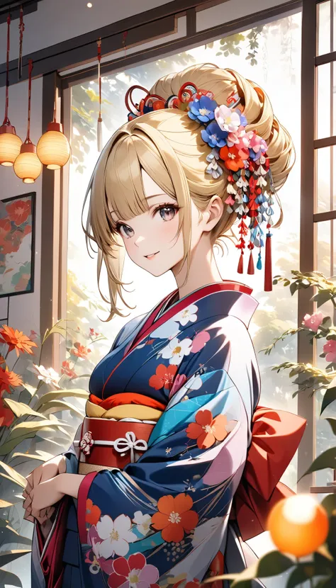 young woman decorated with bold floral patterns. The kimono has a red, Pink, blue flowers drawn on a white background, is complemented by red accents on the collar and cuffs. elaborate hairstyle, dyed bright blonde, combined with bright flowers and hanging...