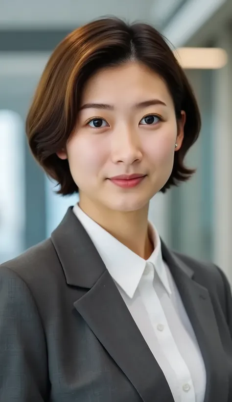Neat Young Woman、looking at the camera、office lady suit、jacket、shirt、、 hairstyle shortcut、wavy hair、、Ear piercings、、face close-up、The background is office
