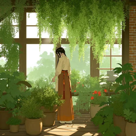 ar311,a serene indoor garden scene. A beautiful asian woman, dressed in a traditional outfit consisting of a light-colored top and a long brown skirt, is tending to a variety of lush green plants. The garden is enclosed by a wooden structure with large win...
