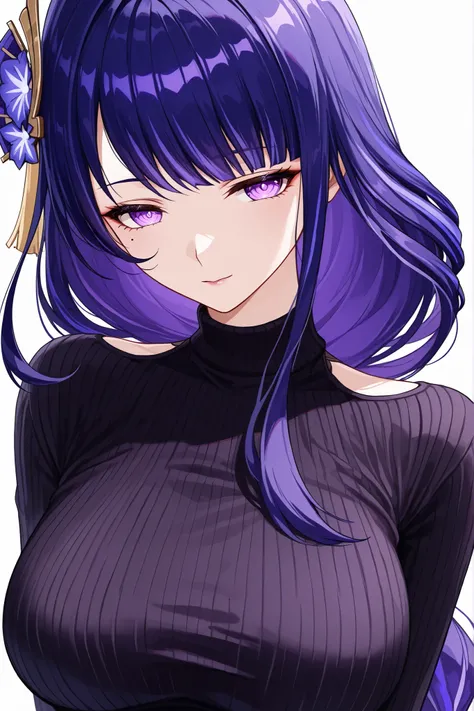 Raiden Shogun, upper body portrait, from neck up, beautiful face, seductive eyes, mature and married woman vibe, wearing a tight sweater, sexy and elegant, detailed, genshin style, white background