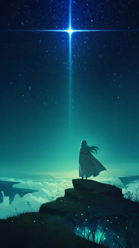 A digital book cover illustration in cinematic style, featuring a silhouette of a lone traveler standing on a cliff, gazing at a glowing compass floating in the night sky, the traveler is a female knight with her cape flapping in the wind a long with her l...