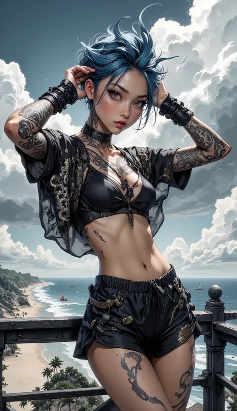 high resolution, best quality, Girl, cool, With blue-black short hair, tattooed all over her body, hands on her head, Combs her hair behind her ears, silk black pajamas, View of the beach from a high platform, Cloudy sky, Rich in details, Surreal, Realisti...