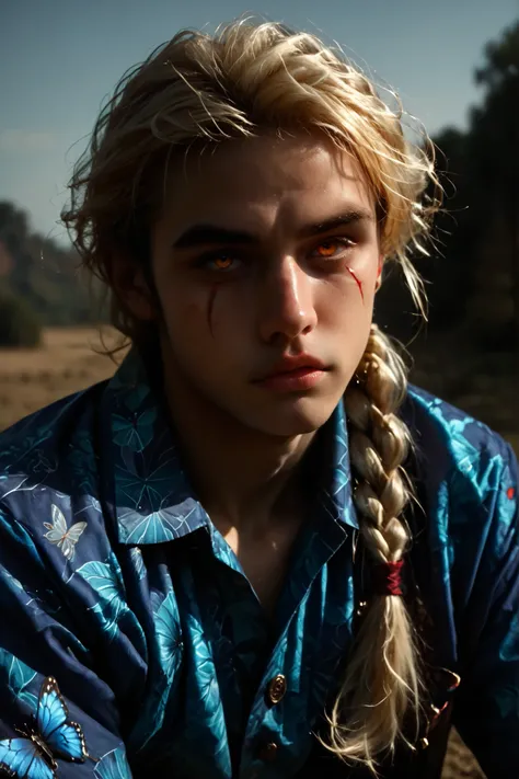 masterpiece ,high resolution,  excellent quality , man,  male gender, delgado , orange eyes  , yellow hair , braided hair , long hair ,  , red scar on the face ,  Attractive Face , very detailed face ,  purple and blue butterfly pajamas  ,  on the battlefi...