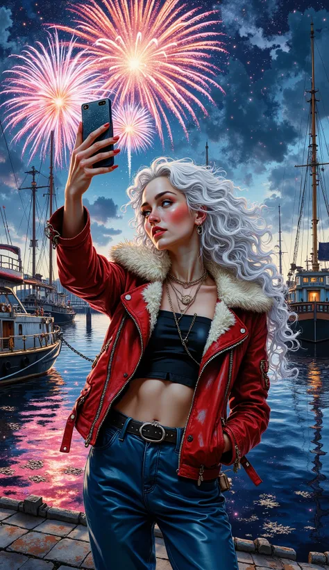 On the poster of a steampunk adventure fantasy film, a beautiful young woman takes a selfie against the night sky during a fireworks festival.A bright neon frame. Festive atmosphere, light show. Her long curly white hair is bright with firework reflections...