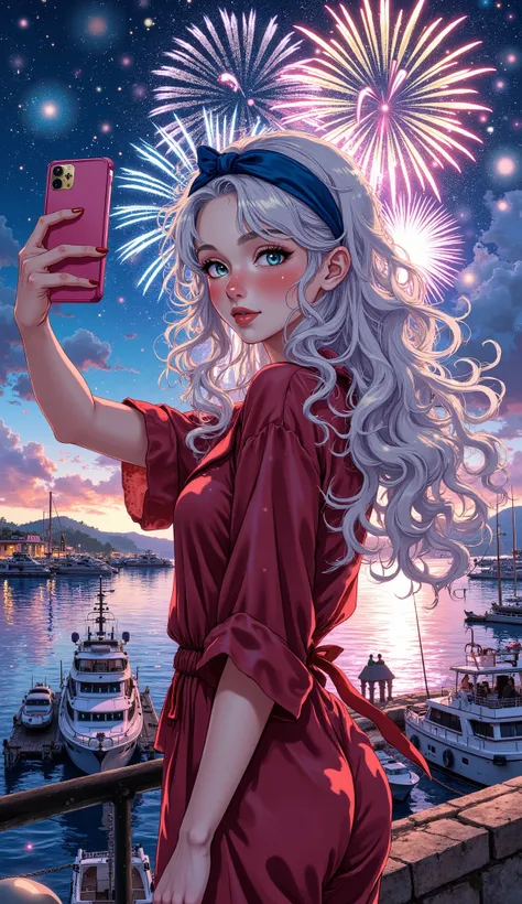 On the poster of an anime-style fantasy adventure film, a beautiful young woman takes a selfie against the night sky during a fireworks festival.A bright neon frame. Festive atmosphere, light show. Her long curly white hair sparkles with the reflections of...