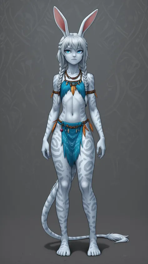 tall humanoid alien , mix of rabbit and Na’vi, long rabbit ears, long tail, slender pure white body, long flowing silver hair with braids, blue large eyes, tribal look, highly detailed, spots patterns on body. She has a elongated neck, curvy body, thick th...