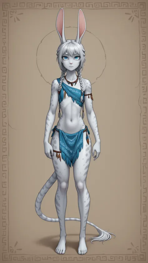 tall humanoid alien , mix of rabbit and Na’vi, long rabbit ears, long tail, slender pure white body, long flowing silver hair with braids, blue large eyes, tribal look, highly detailed, spots patterns on body. She has a elongated neck, curvy body, thick th...