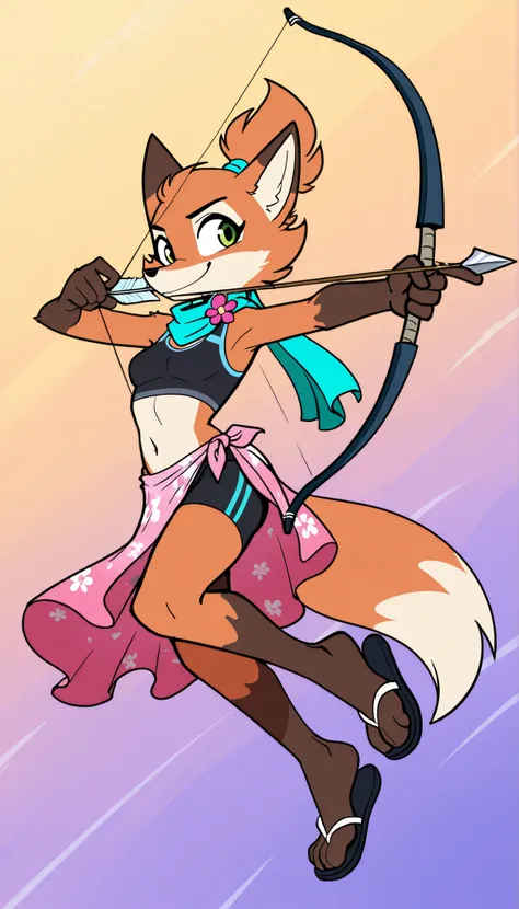 score_9, score_8_up, score_7_up, 1girl, source furry, absurdres, masterpiece, best quality, amazing quality, siroc, solo, dynamic angle, fleetfox, furry, fox, orange fur, green eyes, female, short hair, spiky pointed bangs tuft, fleetSummer, black tankini,...