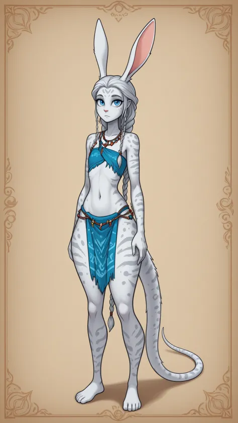 tall humanoid alien , mix of rabbit and Na’vi, long rabbit ears, long tail, slender pure white body, long flowing silver hair with braids, blue large eyes, tribal look, highly detailed, spots patterns on body. She has a elongated neck, curvy body, thick th...