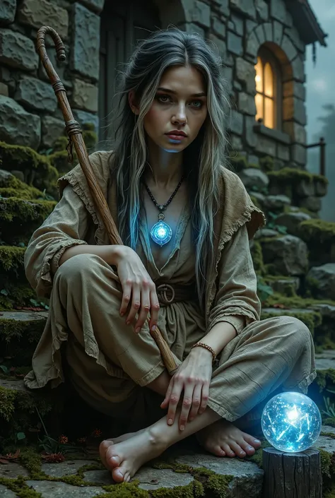 A poor barefoot woman, dressed in tattered patchwork clothes, sits on moss-covered stone steps near an old house in the depths of a moonlit city. Her legs are crossed and stretched out, her thin figure is wrapped in a tattered cloak and a coarse linen dres...