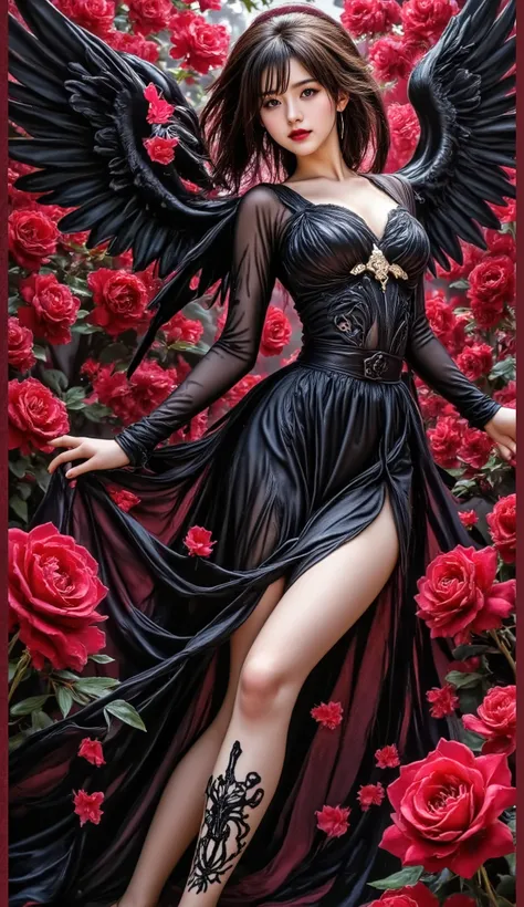 A powerful and otherworldly depiction of a fallen angel emerging from a sea of black roses created in the traditional style of Japanese ink drawings, An eerie rose that is jet black down to the petals, Rose petals must be black, Don't use red, The angel is...