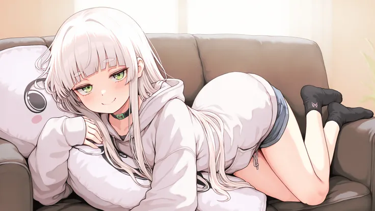 Highest Quality, Ultimate Details, 8K image quality
White Haired Girl,long long hair,Blunt bangs,thick eyebrows, Green Jade Eyes,Saggy Eyes,Eyes facing obliquely,Toro eye, Kyodong expression, lie down,oversized hoodie, Relaxed Hoodie,denim shorts,ankle soc...