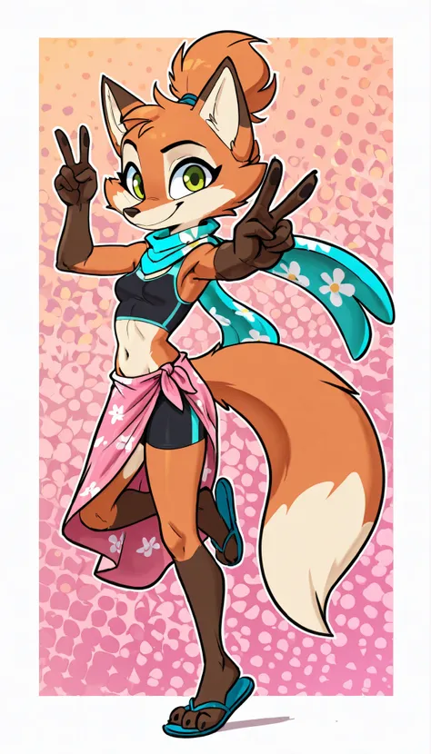 score_9, score_8_up, score_7_up, 1girl, source furry, absurdres, masterpiece, best quality, amazing quality, siroc, solo, dynamic angle, fleetfox, furry, fox, orange fur, green eyes, female, short hair, spiky pointed bangs tuft, fleetSummer, black tankini,...