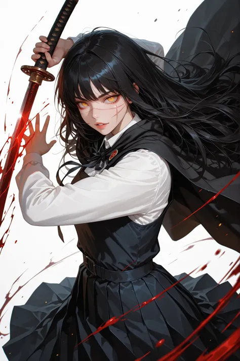 1 girl, yoru, scar on cheek, cross scar, long hair, black hair, yellow / red eyes, ringed eyes, school uniform, black dress, pinafore dress, sleeveless dress, white shirt, black ribbon, neck ribbon, long sleeves, black cape, good anatomy, standing, white b...