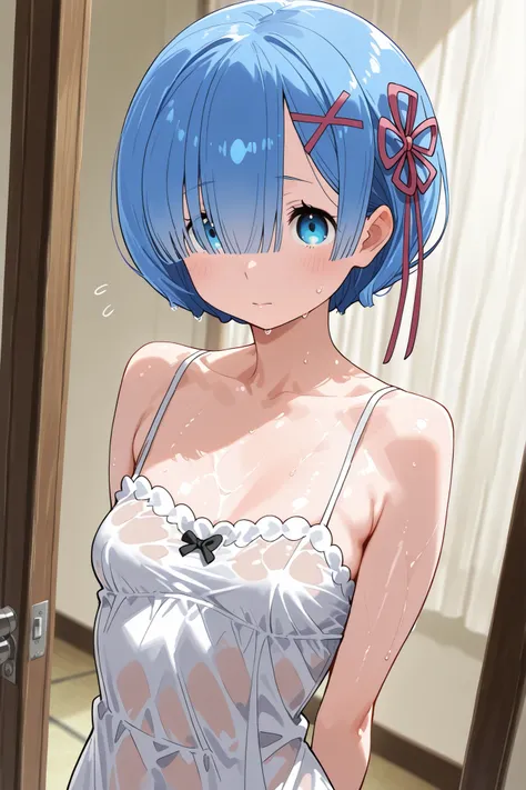 rem, mature female, blue eyes, blue hair, short hair, hair over one eye, x hair hornament, hair ribbon, small breasts,Suchwet,おっぱい、エロ、濡れて、
