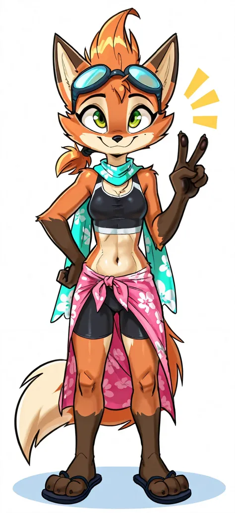 score_9, score_8_up, score_7_up, 1girl, source furry, absurdres, masterpiece, best quality, amazing quality, siroc, solo, dynamic angle, fleetfox, furry, fox, orange fur, green eyes, female, short hair, spiky pointed bangs tuft, fleetSummer, black tankini,...