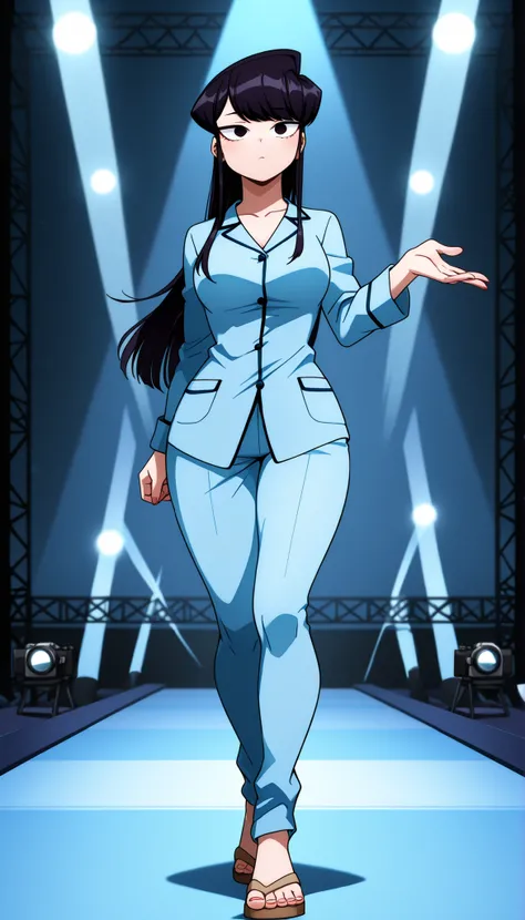 ((Highest Quality)), (fashion runway background), 1girl, full body, standing, gyaru, solo, (komi shouko:1 . 3)), (droopy eyes), without mouth, medium breast, thick thighs, thick hips, thick Shin, full body:1.5, My Hero Academia Style, In the middle of a fa...