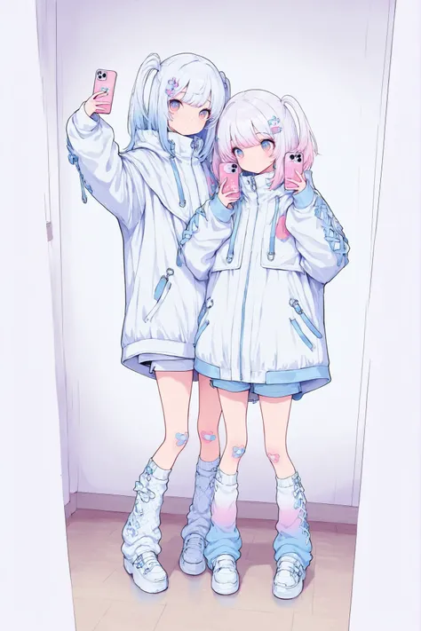 cyberstyle,2girls,side-by-side,oversized jacket,white jacket,shorts,leg warmers,shoes,band-aid on knee,Near Future Design Fashion
cute,kawaii,standing,smartphone,holding smartphone,selfie,
BREAK hypercute style,perfect composition,eye reflection,gradient e...