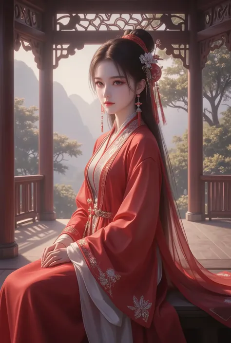 A young woman in a simple red antique Chinese dress sitting at the pavilion, full body
