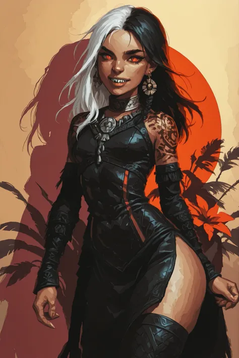 Drawn like the artist Bob Kehl. The indiginous (Inca) girl has white and dark hair, darker skin, red-coloured eyes, with sharp teeth, athletic body and abs. White highlights in her braid. She wears Aztec leather outfit with snakeskin-texture. She has small...