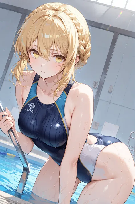 masterpiece,perfect anatomy,high resolution, ultra-detailed,beautiful detailed eyes,dutch angle,absurdres,score_9, score_8_up, score_7_up, source_anime,needle knight leda,blonde hair,hair between eyes,medium hair,crown braid,yellow eyes,(competition swimsu...