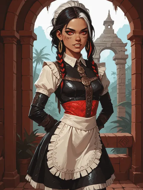 Drawn like the artist Bob Kehl. The indiginous (Inca) girl has white and dark hair, darker skin, red-coloured eyes, with sharp teeth, athletic body and abs. White highlights in her braid. She wears shiny Aztec leather outfit with snakeskin-texture. She has...