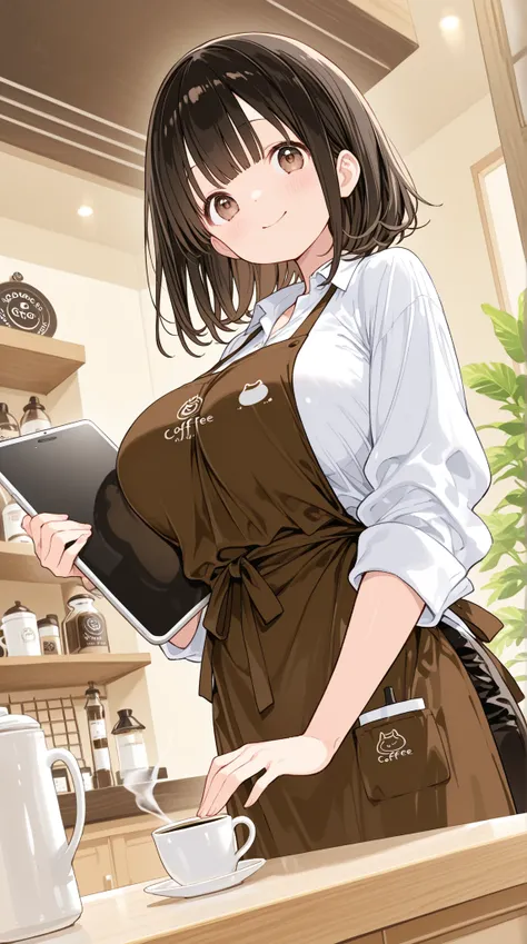 [[older sister]]、Female cafe clerk、standing in the teacher's house、(big breasts)、black hair short bob、brown eyes、business smile、(follows the natural drape and body line of a calm brown hemp apron like coffee「CAFE/ POLKA」The string is drawn white and fits large)、holding a tablet in the left hand、holding a white porcelain coffee cup in the right hand、over the counter in the coffee shop、(((From below)))、Houseplants、siphon coffee extractor、