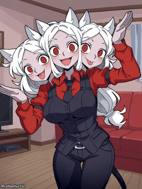 conjoined, anime girl with three heads, helltaker cerberus, :D, :), :P, silly pose, living room